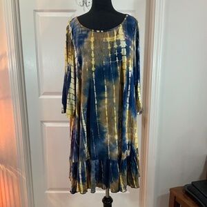 Adorn Tie Dye 3/4 Sleeve Blue Yellow Boho Festival Tunic Dress Plus Size 3X